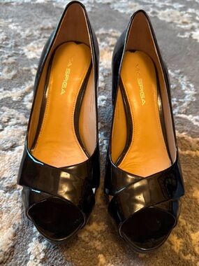 Via Spiga Black Patent Peep-Toe Heels